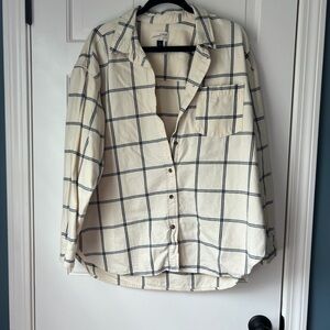 Cream and Blue Plaid Flannel Shirt XL